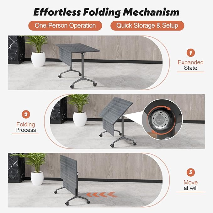 Goakwwuz Conference Room Table, Folding Conference Tables,Thicken Grey Tabletop,Flip Top Wooden Seminar Meeting Room Table for Conference Room Offices (6, BlackWoodGrain, 55.1”)