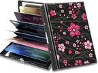 BWEGRHE Slim Credit Card Holder, Pink Cherry Blossom RFID Blocking Metal Wallet for Men & Women, Aluminum Minimalist Hard Case Pocket-Sized Business Cards Organizer (Fits Up to 10 Cards)