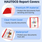 HAUTOCO 12 Pack Plastic Report Covers with 3-Prong Fasteners Clear Front Presentation Folders Resume Folders for 8.5x11 Letter Size Paper, Document Report Cover for School Office Business, Red