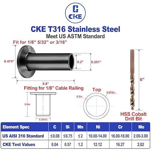 CKE 100 Pack T316 Stainless Steel Black Protector Sleeves for 1/8" 5/32" or 3/16" Cable Deck Stair Railing Kit System, Black Cable Railing Protective Sleeves for Wood Posts, DIY Balustrade, CR01-3/16