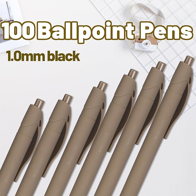 BallPoint Pens, 100 Pack (BLACK Ink),Bulk Pens, Brown Barrel,Click Pens for Office Home and School, Retractable Ballpoint Pens, Medium Point, 1.00MM (Brown)
