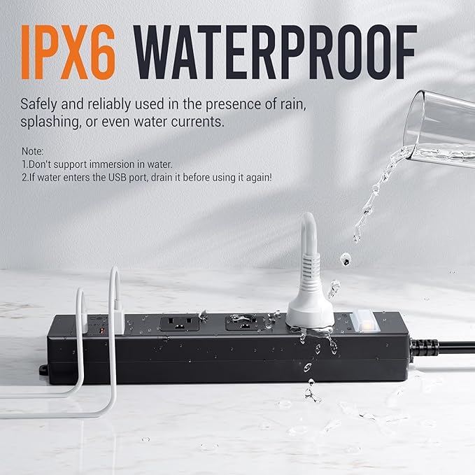 IPX6 Outdoor Power Strip Weatherproof, Waterproof Surge Protector with 3 Wide Outlet with 1A2C USB Ports, 15FT Long Extension Cord, Wall Mountable for Outside Decorations and More UL Listed(Black)