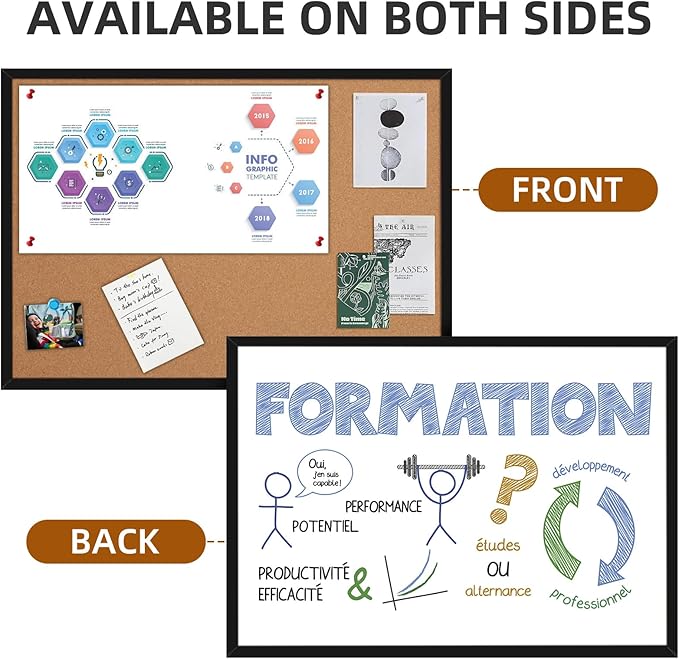 20” x 28” Cork Boards for Walls with Black Wooden Frame 1pack, Whiteboard and Cork Board Combo Double Sided Office Board for Wall Organizer, Bulletins Board Hanging Pin Board for School Home Office