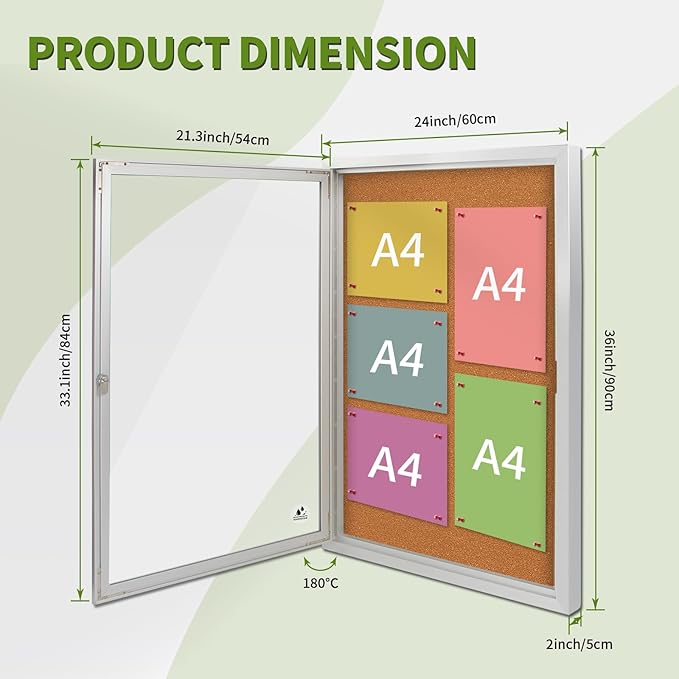 36x24 Inch Lockable Outdoor Enclosed Bulletin Board, Weatherproof Cork Noticeboard with Locking Door, Tamperproof Wall-Mounted Aluminum Frame Notice Poster Memo Board