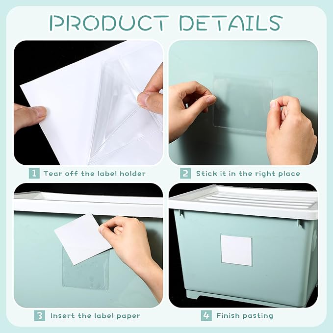 Jeyiour 100 Pcs Label Holders Adhesive Nameplate Pockets Storage Bin Labels Index Card Holder Shelf Plastic Peel Stick for Classroom Supermarket Bookshelf Library Student Box Drawer (3.5 x 3.5 Inch)