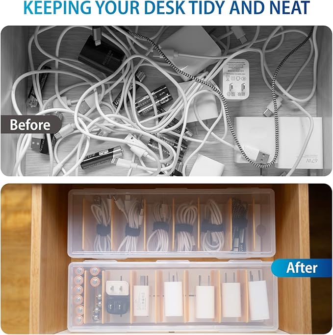 Fzooua Cable Organizer Storage Box with 8 Cable Ties, Clear Phone Charger Organizer Case Wire Organizers for Cords Electronic Storage Box for Drawer Desk Office Home (1 Pack)