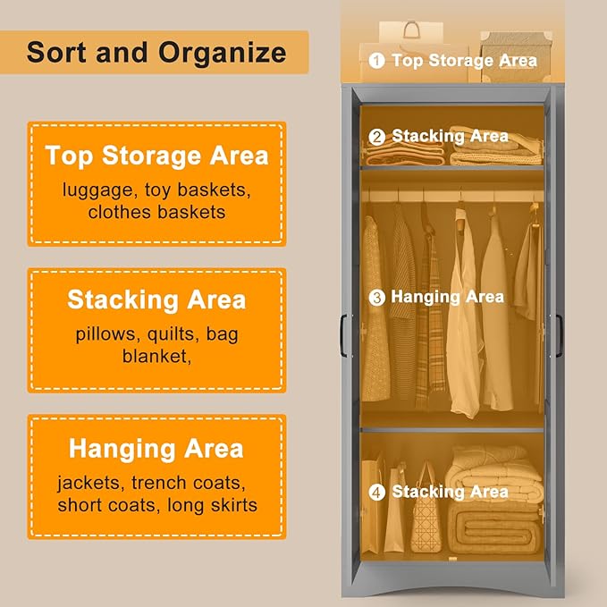 2 Door Wardrobe Closet, Wood Armoire with 2 Shelves and Hanging Rod, Freestanding Tall Storage Cabinet, Bedroom and Guest Room Armoire Cabinet for Clothes Storage, Gray