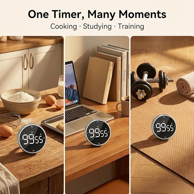Rechargeable Magnetic Kitchen Timer,LED Countdown/Up Timer, Supports USB-C Charging,with Loud Alarm,3 Preset Quick Times(5/15/25m),Perfect for Kitchen Cooking, Studying, and Fitness (Silver)