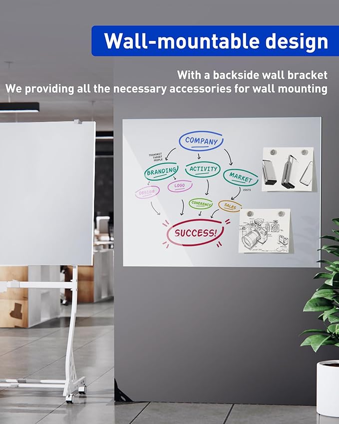 Mobile Glass Whiteboard, 48 x 36 inch Glass Board/w Height Adjustable, Large Portable Dry Erase Board with Stand and Wheels for Home, Office,Classroom &School, White