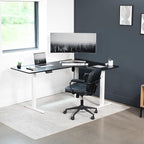 VIVO Electric Corner 63 x 47 inch L-Shaped Standing Desk, Memory Height Adjustment, Black Top White Frame, DESK-E3CTWB-47