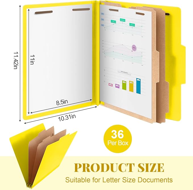 Skyygemm 36 Pcs Classification Folders Letter Size, 2 Divider Pressboard File Folders with 3. 5 Inch Expansion, 2 Prongs Fastener, Heavy Duty Office File Organizers for Teachers, Medical (Yellow)