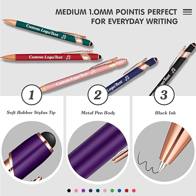 CRME Custom Engraved Ballpoint Pens Bulk Customized Metallic Printed Name Pens Personalized Pen with Text Logo Flowing Black Ink Smooth Writing for School,Journaling,Wedding,Office Rose Gold Pen