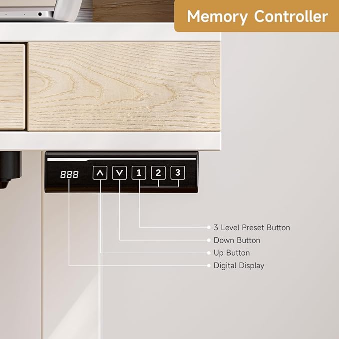 Standing Desk With Drawers, 47x23.6 Inch Electric Stand Up With Storage Shelf and Memory Controller, Adjustable Height 28-46 Inch for Computer Workstation, White