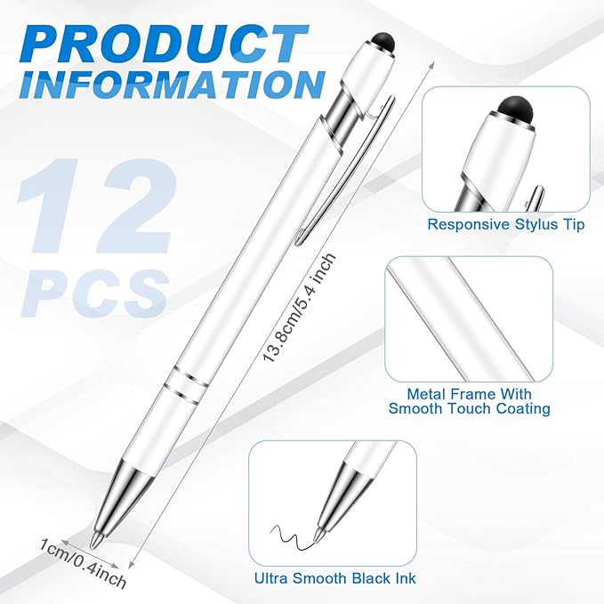 Tenare 12 Pieces 2 in 1 Stylus Metal Ballpoint Pen with Stylus Tip, 1.0 mm Black Ink Ballpoint Pen for Touch Screens(White)