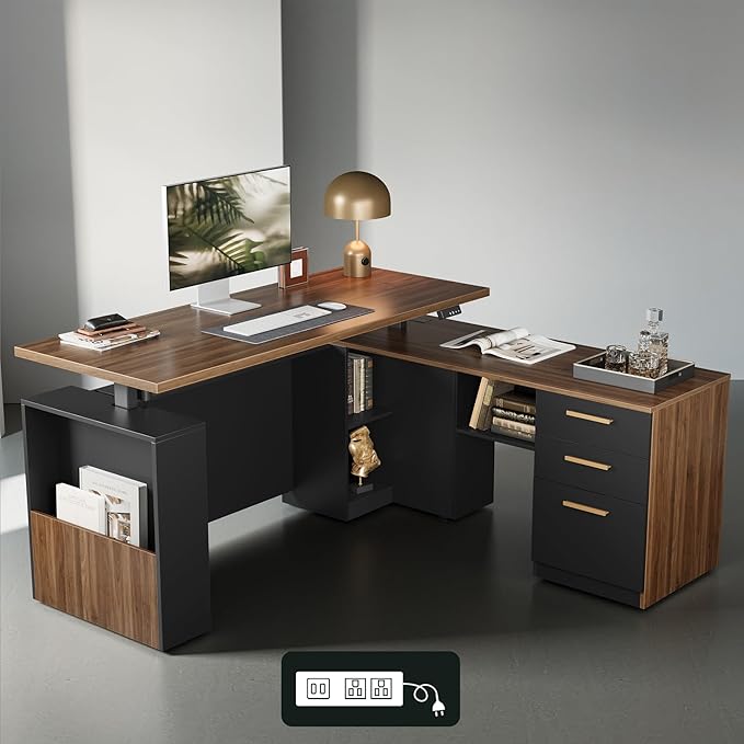 63" Standing Desk with File Cabinet, Privacy Panel, AC/USB, 1.18" Desktop, Executive L Shaped Height Adjustable Electric Stand Up Desk, Home Office Table with 3 Drawers, Black Walnut