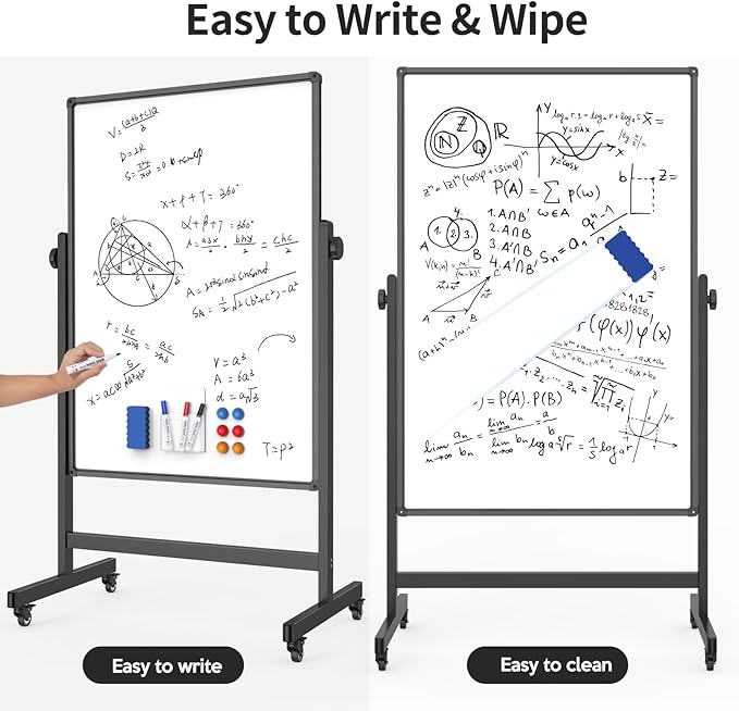 48x32inches Mobile Whiteboard - Adjustable Height, Standing Whiteboard on Wheels, Double-Sided Magnetic Dry Erase Board for Office, Home, Classroom