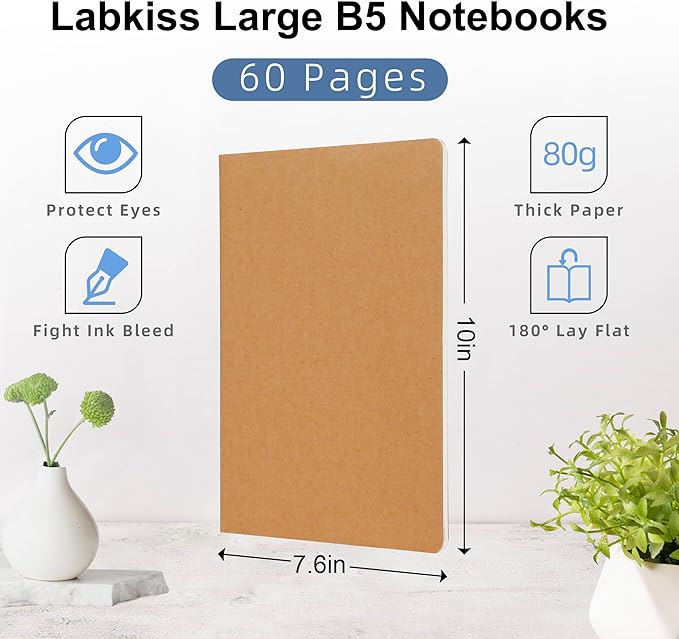 Labkiss 30 Pack Large B5 Blank Notebook & Journal Bulk, Kraft Cover, B5 Size, 7.6x10 inch, 60 Pages, Unlined Thick Paper, Composition Note Pad Sketchbook Set for Traveler Student Business Office