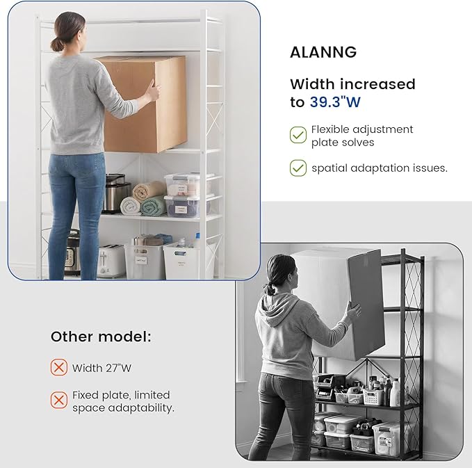 ALANNG 40" W Foldable 5-Tier Storage Shelves with Wheels, Adjustable & Removable Metal Rack, Heavy Duty Rolling Organizer for Kitchen, Garage, Closet, Pantry, and Office (White,1 Pack)