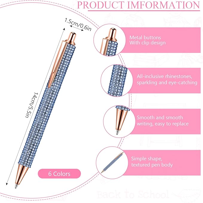 Jeyiour 6 Pcs Bling Pen Cute Diamond Wedding Rhinestones Gift Metal Ballpoint Fancy Sparkly Crystal Retractable Black Ink Pen for Women Office Birthday 0.7mm(Colorful)