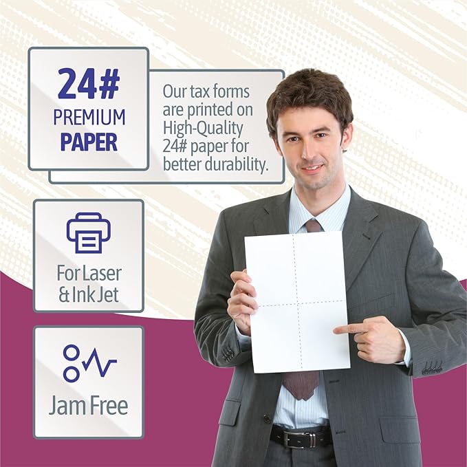 NextDayLabels - W-2 4-Up Employee Tax Forms, Instructions on Back" for 2025, for Laser/Inkjet Printer. Compatible with QuickBooks and Accounting Software ETC. (Box of 1000 Sheets)