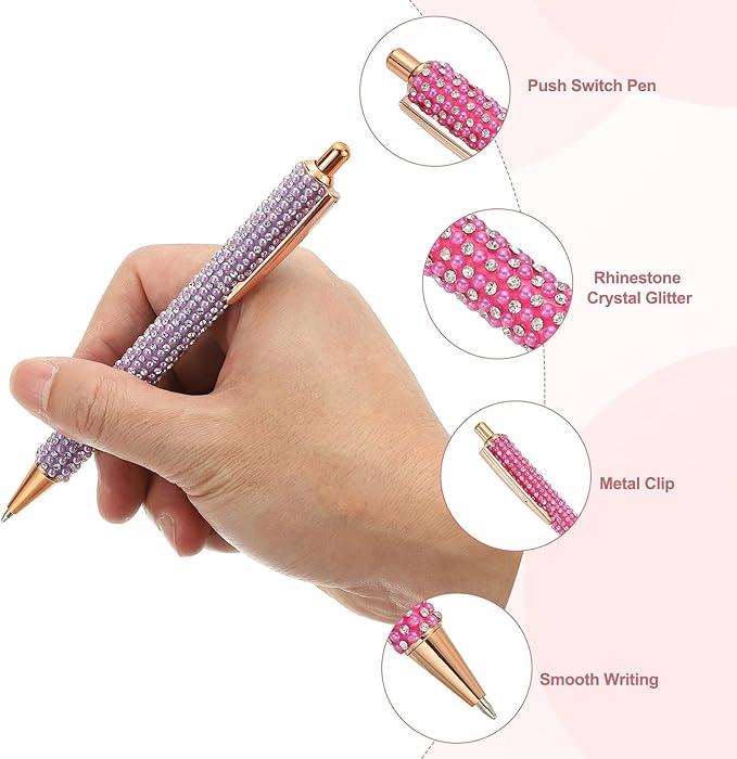 PATIKIL Rhinestone Metal Ballpoint Pen, 4 Pack Crystal Pearl Pens Black Ink 1.0mm Point Sparkly for Women Gift Office Note Taking Journaling, Rose Red