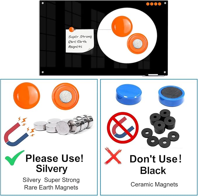 KIZZBY Black Glass Dry Erase Board - Magnetic Blackboard for Wall, 48"x36" Large Frameless Black Whiteboard for Office, Home & School