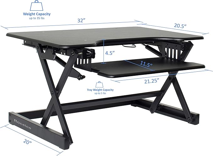 Rocelco 32" Height Adjustable Standing Desk Converter BUNDLE - Sit Stand Computer Workstation Riser with Anti Fatigue Mat - Dual Monitor Retractable Keyboard Tray Gas Spring - Black (R EADRB-MAFM)