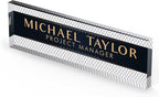 Artblox Personalized Office Desk Name Plate With Business Card Holder | Clear Acrylic Glass with Teak Wood Stand | Net Shape Design Customized with Your Name and Credentials Office Desk Décor