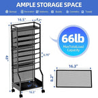 Simple Trending 10 Tier Rolling File Cart, Desk File Organizer with Wheels and Storage Drawers, Legal documents can be stored, Metal Mesh Paper Letter Storage Multi-Functional Clutter Cart, Black