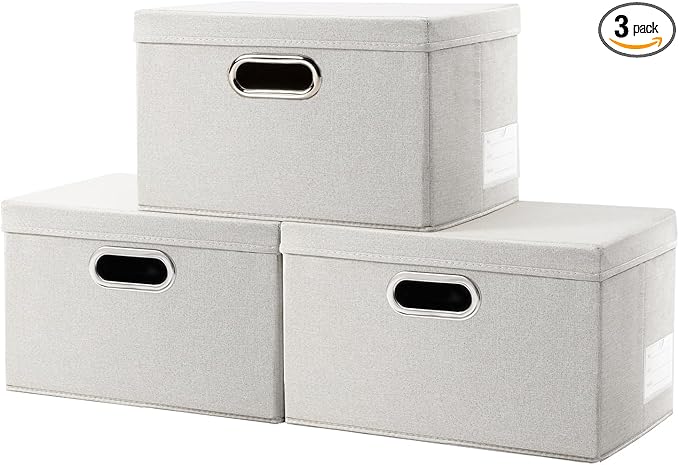 PRANDOM Storage Bins with Lids [3-Pack] Linen Fabric Foldable Storage Boxes Organizer Containers Baskets Cube with Cover for Bedroom Closet Office Beige（11.4X8.6X6.7