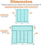Large Utensil Drawer Organizer Expandable Silverware Organizer for Kitchen Drawer Adjustable Cooking Utensil Holder Cutlery Flatware Tray Spatula Tools Gadgets Storage Dividers Plastic Turquoise