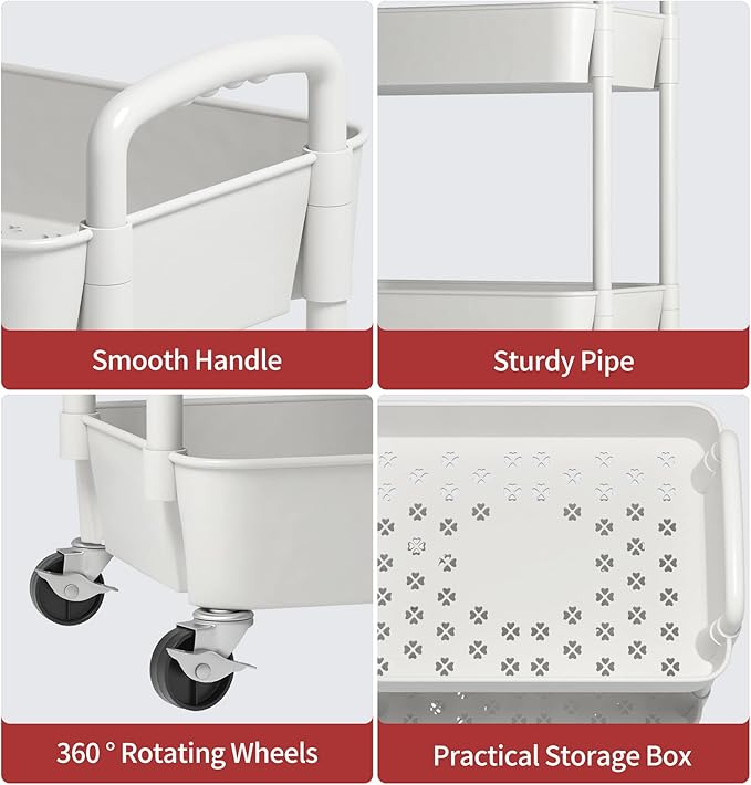 Sywhitta 3-Tier Plastic Rolling Utility Cart with Handle, Multi-Functional Storage Trolley for Office, Living Room, Kitchen, Movable Storage Organizer with Wheels, White