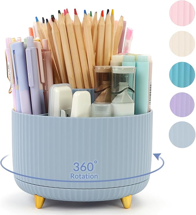 SKYDUE 360 Degree Rotating Desk Organizer, Dual-Purpose Pencil Pen Holder, Rotating Desk Pen Organizer with 5 Slots, Pencil Cup for Office, School, Home (Airy Blue)