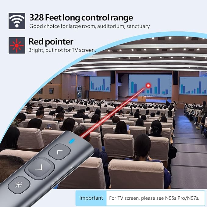Norwii N95 Presentation Clicker, PowerPoint Clicker for Presentation Remote, Rechargeable Wireless Presenter Pointer, Slide Advancer for PC/Laptop/e-Book in Classroom, Auditorium, Church (Red, USB-A)