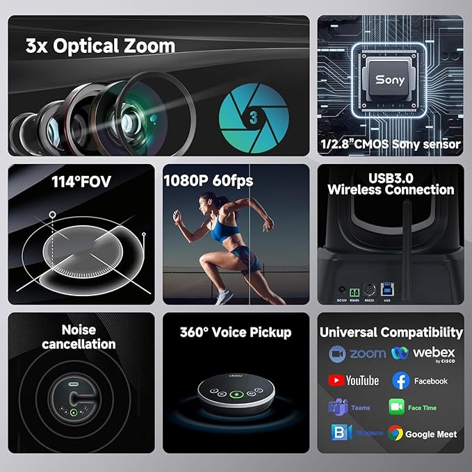 5.8GHz Wireless Conference Room Camera System | 3X 60fps PTZ Camera with Bluetooth Microphone, 50ft Range, Compatible with Zoom, OBS - Easy Setup for Worship and Online Meetings