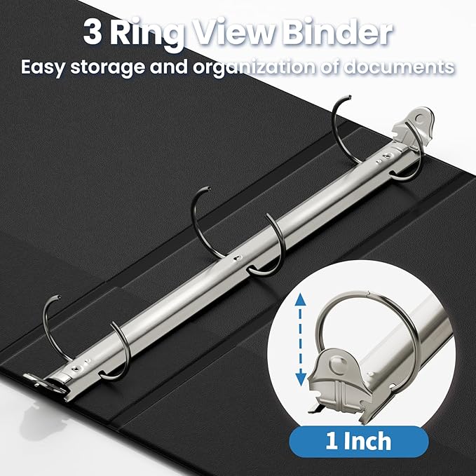 SUNEE 3 Ring Binders 1 Inch 12 Pack, Clear View Three Ring PVC-Free (Fit 8.5x11 Inches) for School or Office Supplies, Black