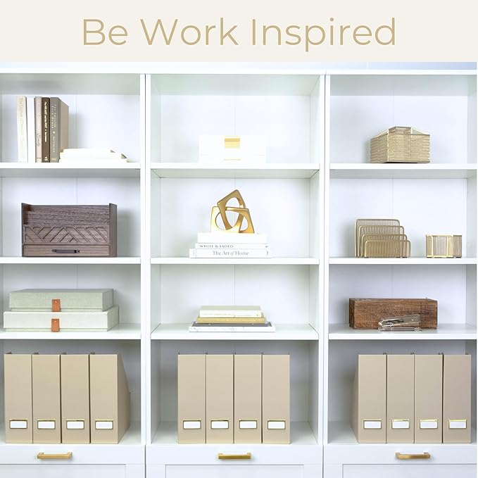 BLU MONACO Set of 6 Foldable Magazine File Holders in Taupe – Sturdy Cardboard Vertical Organizers with Label Holders – Office File Storage Box, Desk Organizer, Paperwork and Document Holder