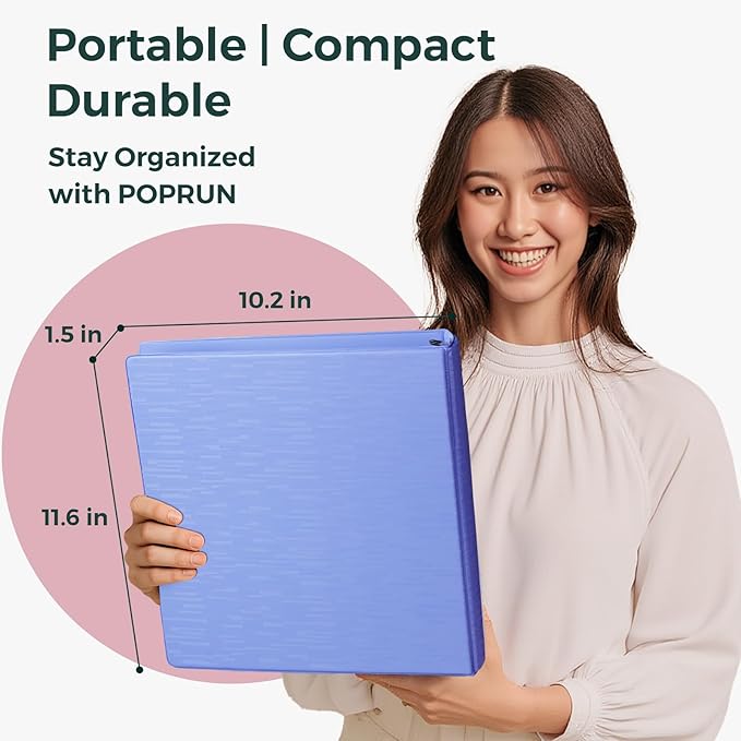 POPRUN 3 Ring Binder 1 Inch, PVC-Free, Holds 175 Sheets of 8.5 x 11 Paper, Extra Durable Organizer with 2 Pockets for School & Office, Heavy-Duty, 1 Pack, White
