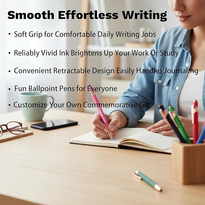 CRME Custom Engraved Ballpoint Pens Bulk Customized Metallic Printed Name Pens Black Ink Personalized Pen with Text Business Logo Smooth Writing for Professionals Teachers Office Meetings Blue Pen
