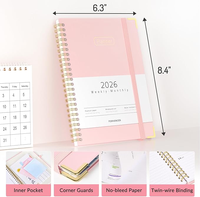 Forvencer 2026 Planner, Hardcover Calendar Planner Weekly and Monthly, Jan 2026 - Dec 2026, 6" x 8", Spiral Agenda Book with Tabs, Exquisite Daily Journal Organizer for Home School, Navy Blue