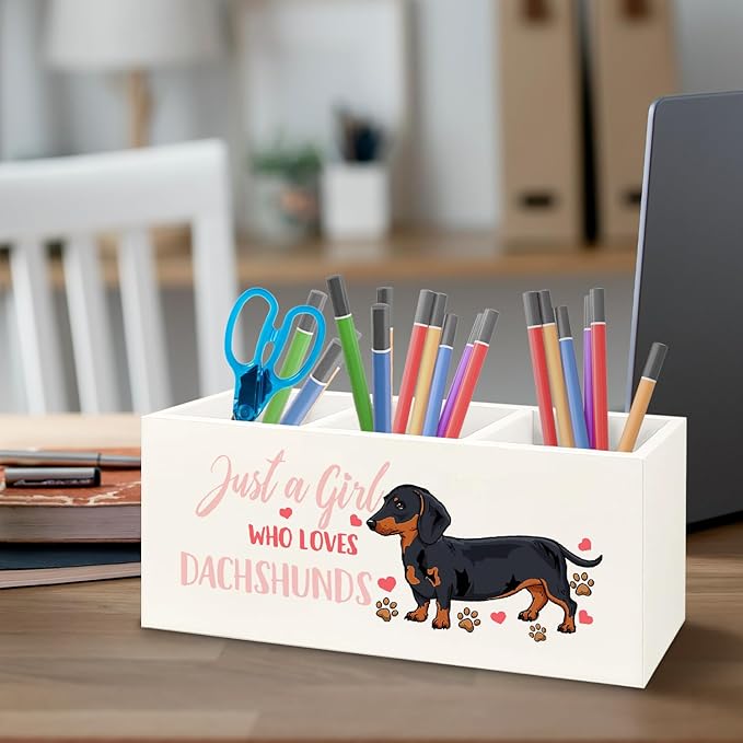 URLLUAE Dachshund Lover Gifts for Women Girls Wooden Pen Pencil Holder for Office Desk Accessories, Just a Girl Who Loves Dachshund Makeup Brush Toothbrush Holder Organizer for Bathroom
