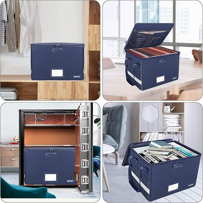 ENGPOW File Box with Lock, Fireproof Document Box with Pockets, Collapsible File Organizer Filing Storage Cabinet with Handle, Portable Home Office Safe for Hanging Letter/Legal Folders, Blue, 2 Pack