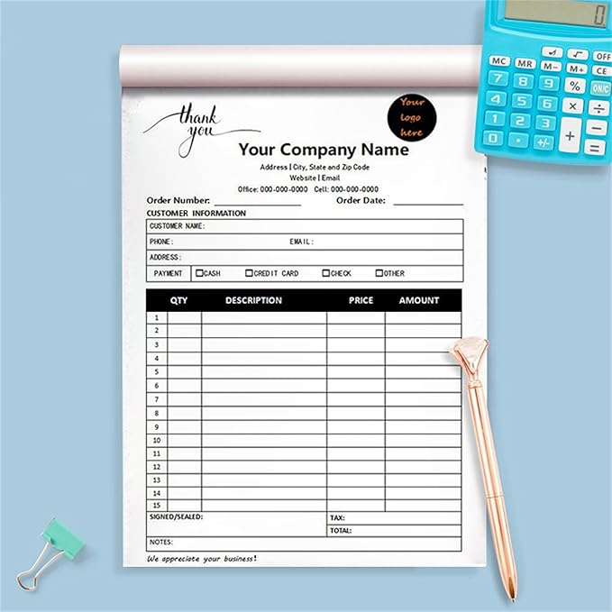 Custom Invoice Book in 3-Part /2-Part Receipt Book with Carbon Copies Personalized Carbonless Service Invoice Form Books Sales Order Book with Company Name Logo Address,C3-Thank You Receipt