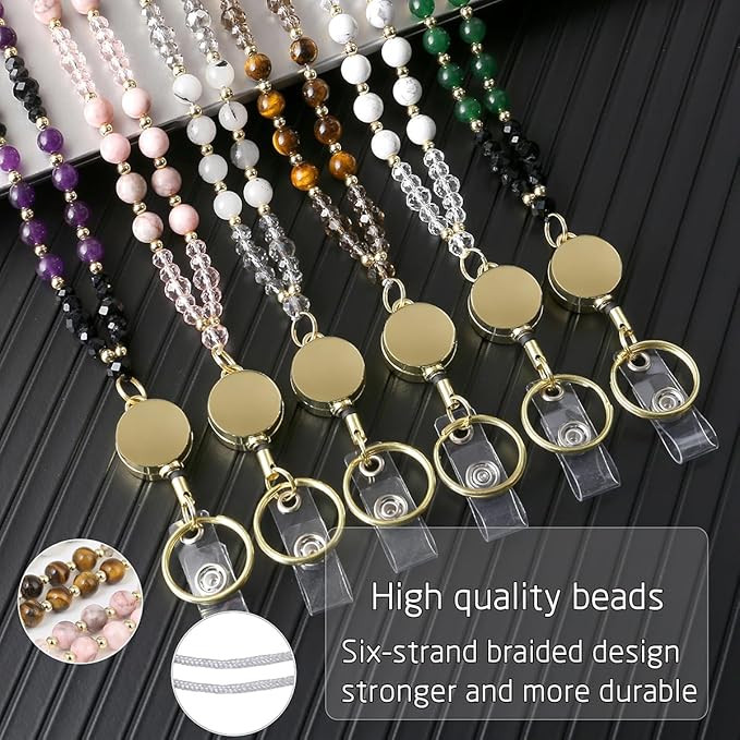 AIDSOTOU Lanyards for ID Badges and Keys,Natural Stone Beaded Teacher Lanyard for Women,Retractable Lanyard with ID Holder Cute Lanyards for Teachers (Green)