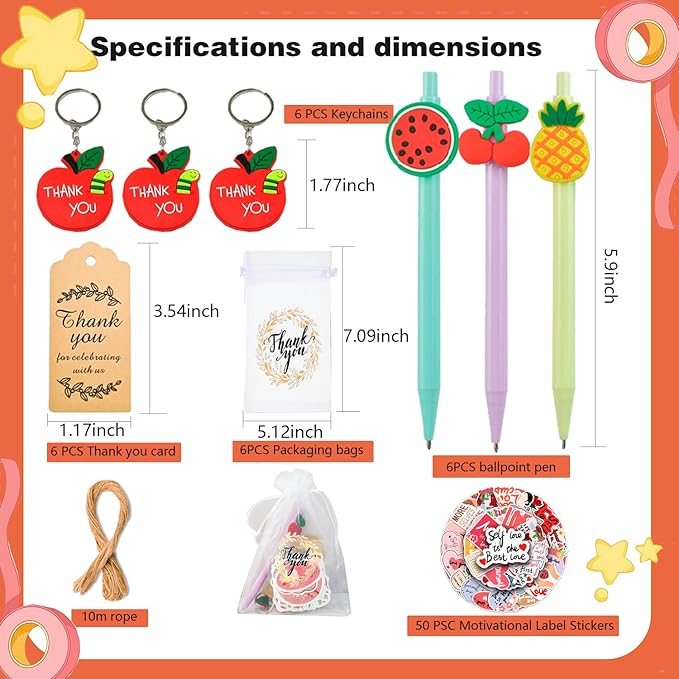 74 Set Student Gift Set 6 in 1 Multicoloured Ballpoint Pen Thank You Card Batch Keychain Inspirational Stickers Teacher Gifts for Classroom Birthday Party Supplies