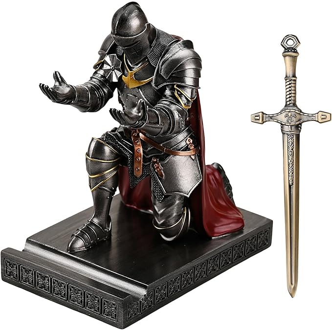 Amoysanli Medieval Armored Warrior Wearing Outerwear, Mobile Phone Stand Knight Pen Holder Desk Organizers, Resin Bookends Paperweight with a Letter Opener for Desk (Iron)