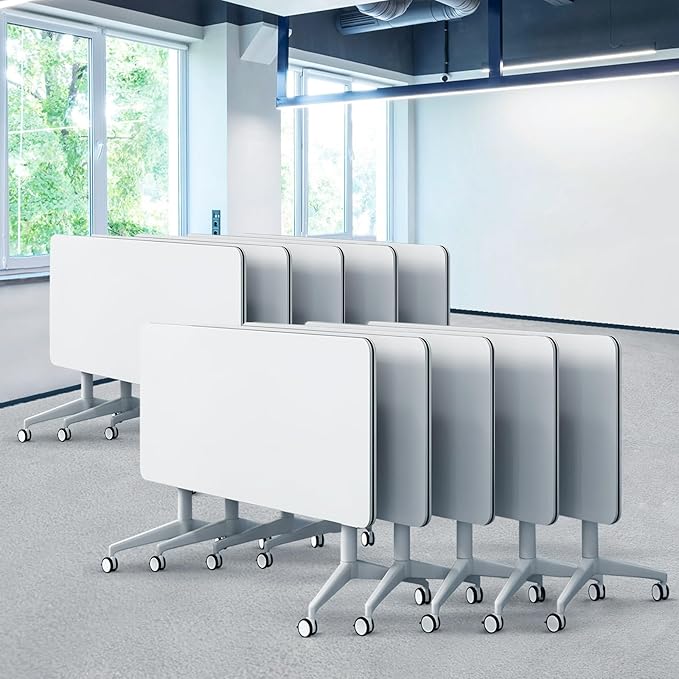 Goakwwuz Conference Room Table, Folding Conference Tables,Thicken Grey Tabletop,Flip Top Wooden Seminar Meeting Room Table for Conference Room Offices (10, White, 55.1”)