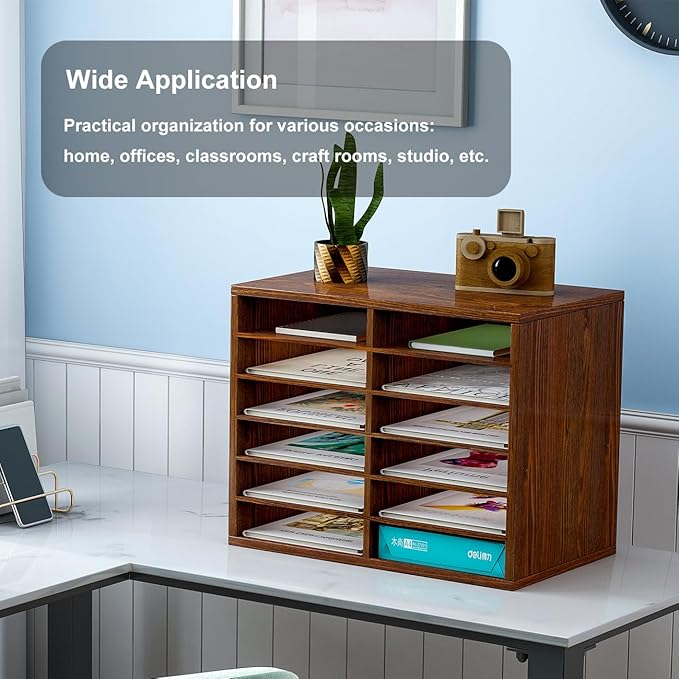 PAG Countertop Mail Sorter Organizer, Wooden Literature Organizer, Student Mailbox for Classroom, Desktop Bill Organizer for Office Home School, 12 Compartments, Brown