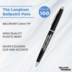 DISCOUNT PROMOS Custom Langham Ballpoint Pens Set of 100, Personalized Bulk Pack - Black Ink, Great for Office, School, Business, Tradeshows - Black