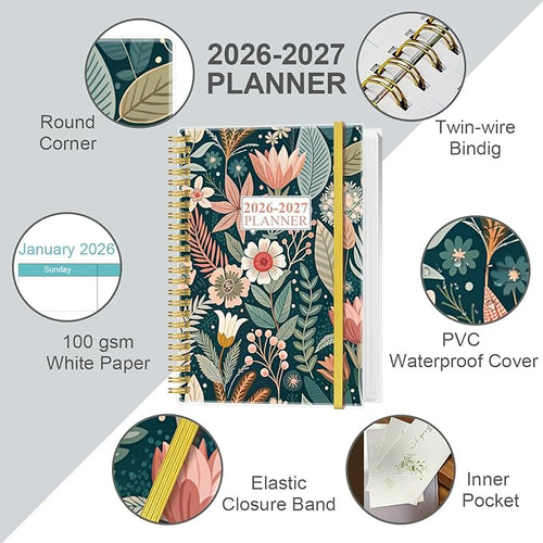 2026-2027 Planner - 18 Months Weekly & Monthly Planner from January 2026 - June 2027, Spiral Notebook 2026-2027 with Elastic Closure, Inner Pocket, Medium 5.8" x 8.3", Flower-C